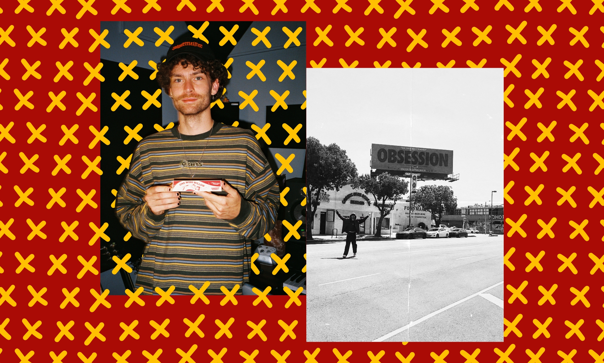 a collage of personal images of composer rock burwell, set against a red backdrop covered in yellow doodles resembling the letter x
